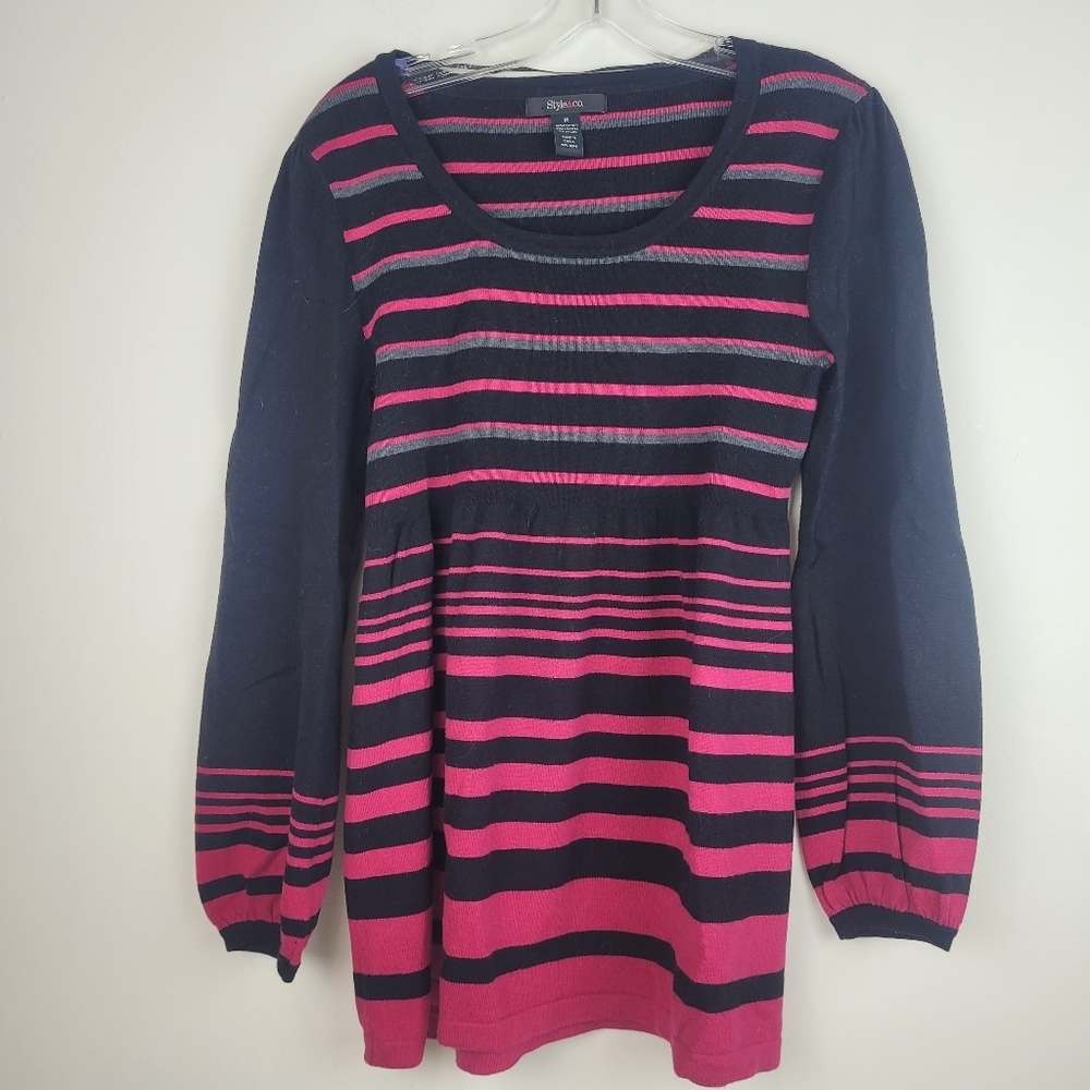Style&Co Pink Gray Stripes Black baby doll knit sweater boho flare coquette M - Picture 3 of 10